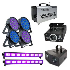 par cans, smoke machine, laser light, intelligent light and uv black light