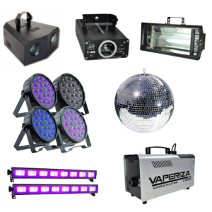 intelligent light, multicoloured light, strobe light, par can lights, disco ball, uv black lights and smoke machine