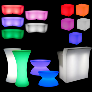 glow package with straight bar, coffee table, bar tables, benches and cube seats