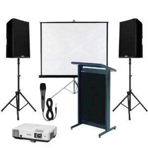 projector with screen, speakers, lectern and microphone
