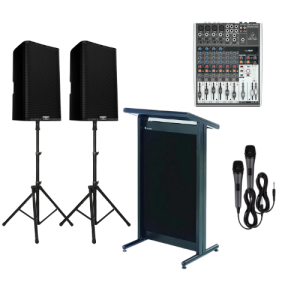 speakers on stands, lectern, audio mixer and corded microphone