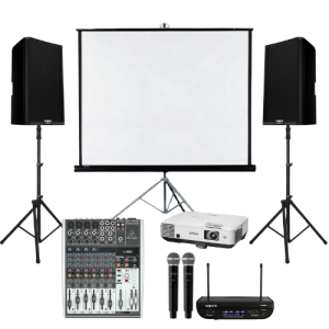 speakers, projector and screen with wireless microphone