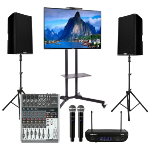 tv, speakers on stands, audio mixer and wireless microphone