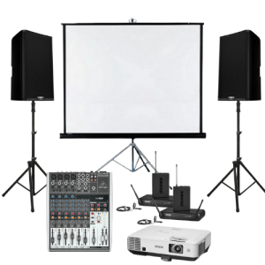 projector with screen, speakers, audio mixer and lapel mic