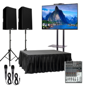 conference package with tv, speakers, stage and corded microphone