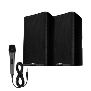 PA System with mic. black two speakers and corded microphone