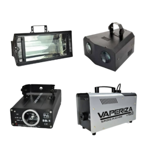 strobe lights, multi-coloured laser, smoke machine and intelligent light