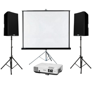 projector with screen and speakers on stand