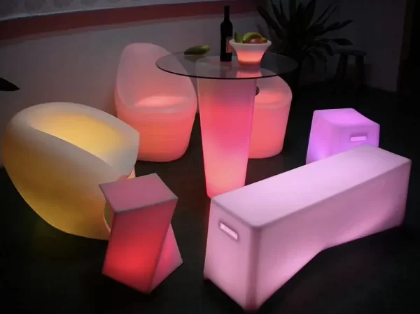 glow set up with bench, twisted cube, cocktail table, cube and chair